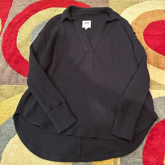 aerie Tops - NWOT Aerie Black LumberJane Waffle Knit Polo Oversized Collar Top Size XS
